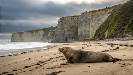 seal and sea lion on the cliffs of Etretat in Normandyの写真素材