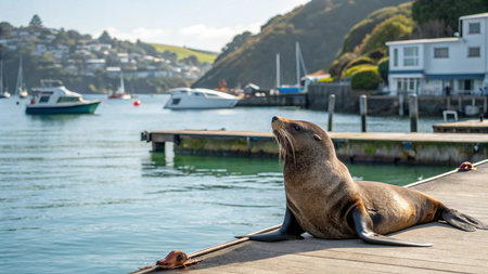 Sea lion resting on a jetty in the harbour of St. John, Cornwallの写真素材