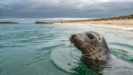 A seal swimming in the sea, Helgoland, Germany.の写真素材