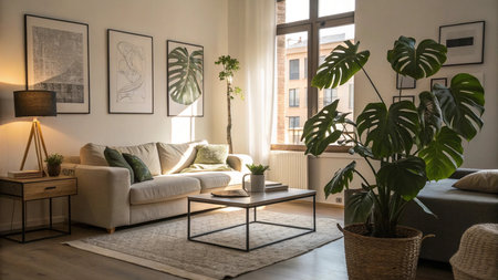 Modern living room interior with sofa, coffee table and plants. Nobody insideの写真素材