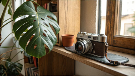 Vintage camera and monstera leaf on a shelf in the roomの写真素材