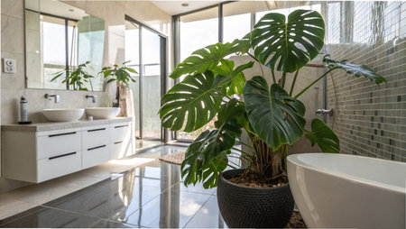 Interior of a modern bathroom with a large green monstera plant.