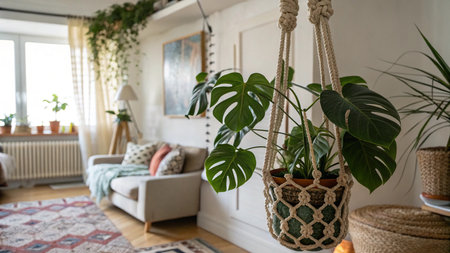 Tropical houseplants in a hanging pot on the floorの写真素材