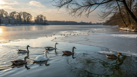 Beautiful winter landscape with ducks and swans swimming on the riverの写真素材