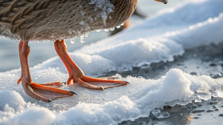 ducks on the river in winter, close-up of feathersの写真素材