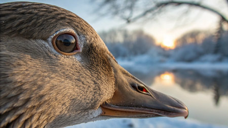 Portrait of a duck on the background of a winter sunset.の写真素材