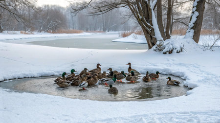 Ducks on the frozen lake in the park. Winter landscape.の写真素材