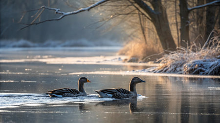 Ducks swimming in a frozen lake in winter. Winter landscape.