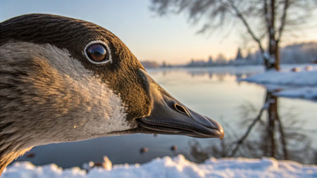 Portrait of a duck on the shore of a lake in winterの写真素材