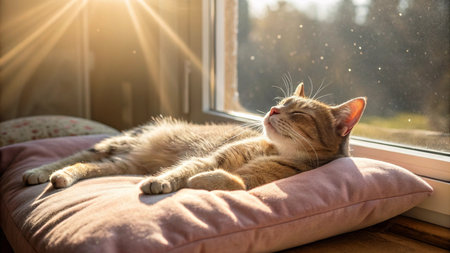 Cute cat lying on the floor and looking at the window.の写真素材