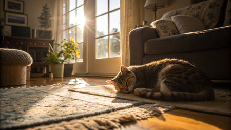 Cute tabby cat sleeping on the bed in the morning.の写真素材