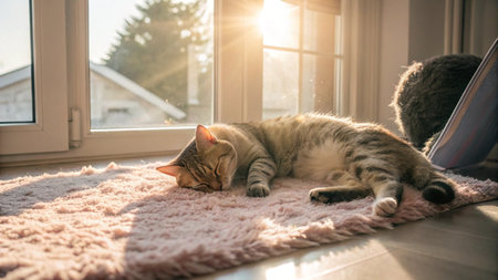Cute ginger cat sleeping on the floor in the sun light.の写真素材