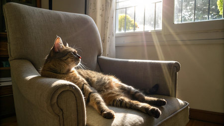Cute tabby cat lying on a chair in the sun lightの写真素材