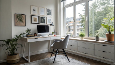 Modern home office with computer, chair and plants. Nobody inside.の写真素材