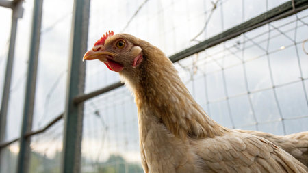 chicken in a farm on a sunny day, close-upの写真素材