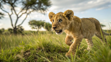 Lion cub in the savannah of Serengeti National Park in Tanzaniaの写真素材