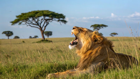 Lion yawning in a national park in Tanzaniaの写真素材