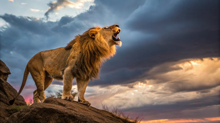 Lion with open mouth at sunset in Serengeti National Park, Tanzaniaの写真素材