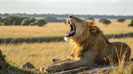 Lion yawning in Maasai Mara National Park, Kenyaの写真素材