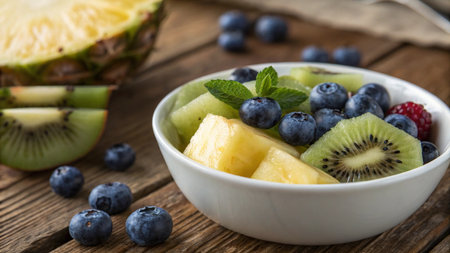Fruit salad with kiwi, pineapple, blueberry and mintの写真素材