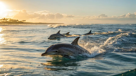 Dolphins jumping out of the water at sunset. Dolphins jumping out of the ocean.の写真素材