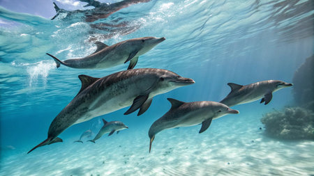 Dolphins swimming in the blue water of the Pacific Ocean in Hawaiiの写真素材