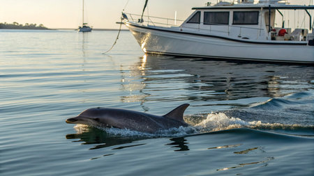 Dolphins jumping out of the water in the harbor at sunset.の写真素材