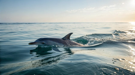 Dolphins jumping out of the water in the sea at sunset.の写真素材