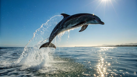 Dolphins jumping out of the water on a sunny summer day.の写真素材