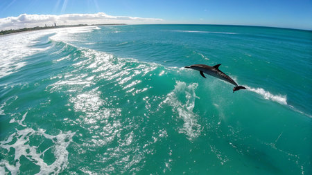 Dolphins jumping out of the ocean on a sunny day in Australiaの写真素材