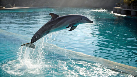 dolphin jumping out of the water on a sunny dayの写真素材