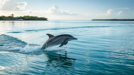 Dolphins jumping out of the water on a sunny day. Tulum Mexicoの写真素材
