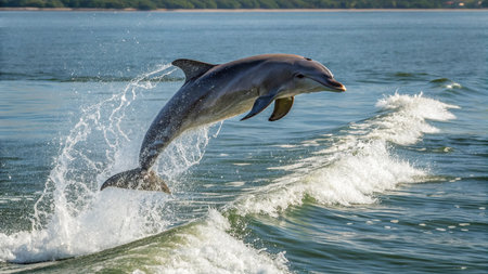 dolphins jumping out of the water on a sunny day in summer
