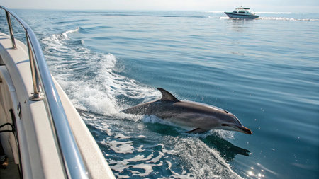 Dolphins jumping out of the water from the boat in the seaの写真素材