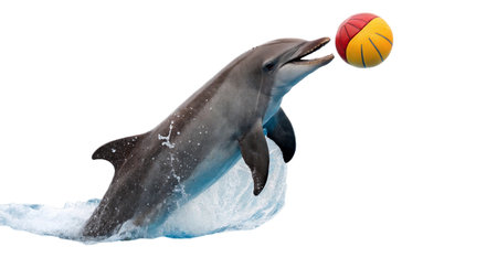Dolphin jumping with ball isolated on white background. 3d illustrationの写真素材