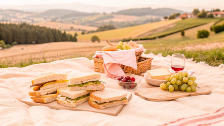 Picnic in the countryside with cheese, bread, grapesの写真素材