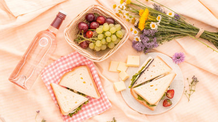 Picnic with a bottle of wine, cheese, grapes and sandwichesの写真素材