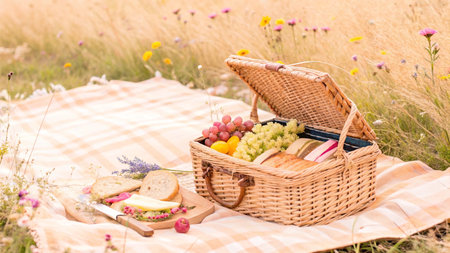 Picnic basket with bread, wine, cheese and fruits in the fieldの写真素材