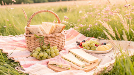 Picnic in the countryside. Picnic basket with cheese, grapes and fruitの写真素材