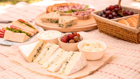 Sandwiches with cheese and grapes on a picnic in the parkの写真素材