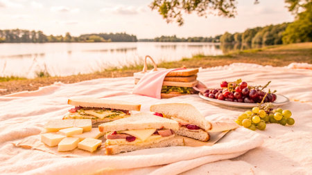 Picnic on the beach with cheese, grapes and sandwiches on the blanketの写真素材