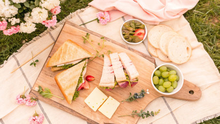 Picnic set with sandwiches, grapes, cheese and fruits on wooden boardの写真素材