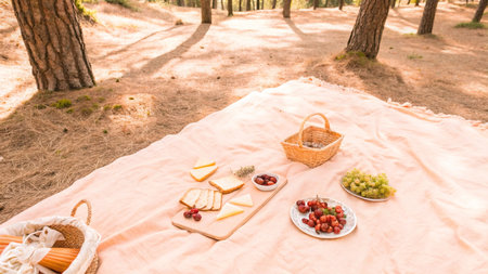Picnic in the forest. Picnic basket, cheese, fruits and vegetables on a blanketの写真素材
