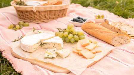 Cheese platter with grapes, wine and bread on a picnicの写真素材