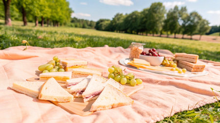 Sandwiches with cheese and grapes on a picnic blanket in the parkの写真素材