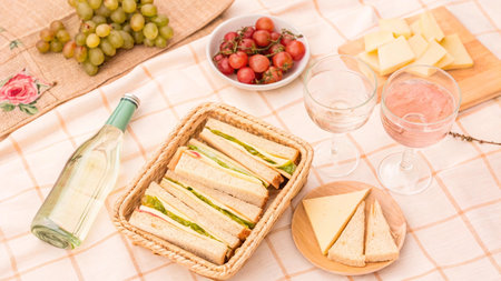 Sandwiches with cheese and grapes on a picnic tablecloth.の写真素材
