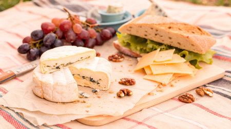 Cheese platter with grapes and bread on a picnic blanket.の写真素材