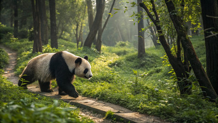 Giant panda walking in the forest. Chengdu, Chinaの写真素材
