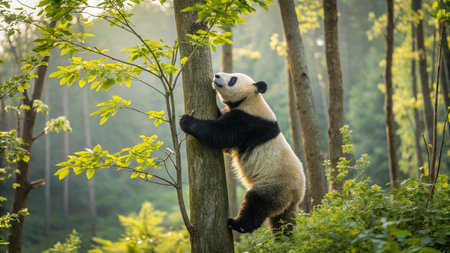 Giant panda bear (Ailuropoda melanoleuca) climbing a treeの写真素材