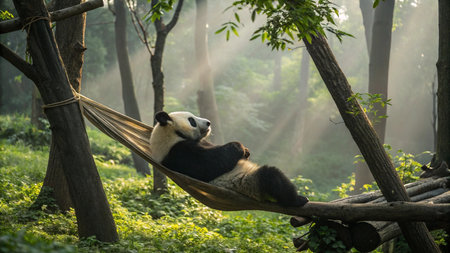 Giant panda sleeping in a hammock in the forest.の写真素材
